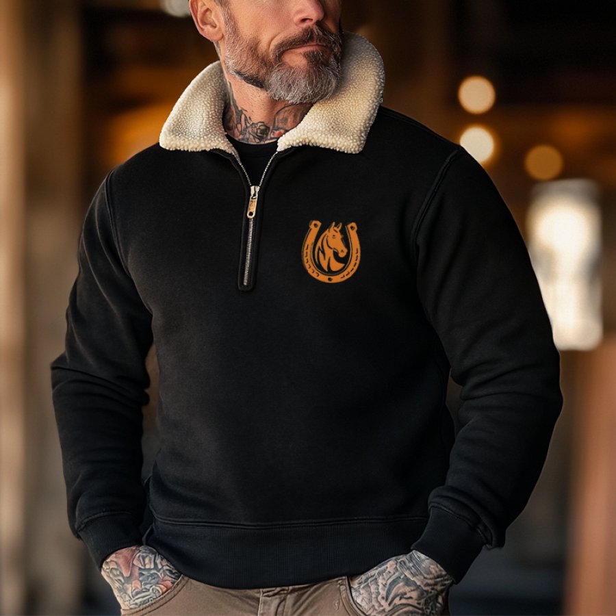 

Men's Vintage Western Cowboy Style Horseshoe Print Quarter-zip Collar Sweatshirt