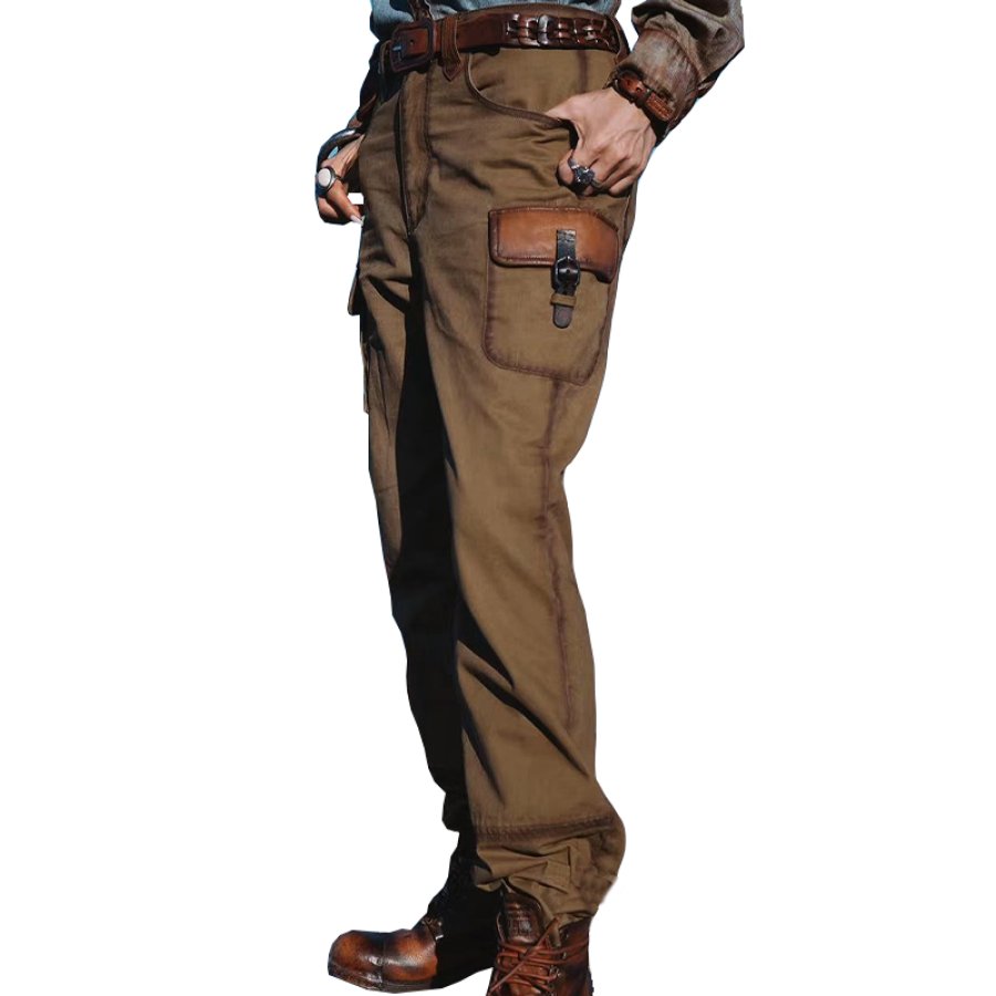 

Men's Vintage Western Cowboy Style Belt Buckle Leather Pocket Pants
