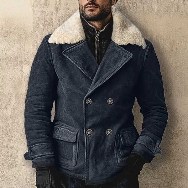 Men's Vintage Western Distressed Suede Polar Fleece Collar Double Breasted Coat Jacket - Wayrates.com 