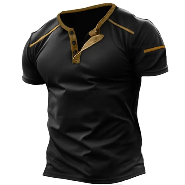 Men's Retro Casual Colorblock Henley Collar T-Shirt - Trissla.com 