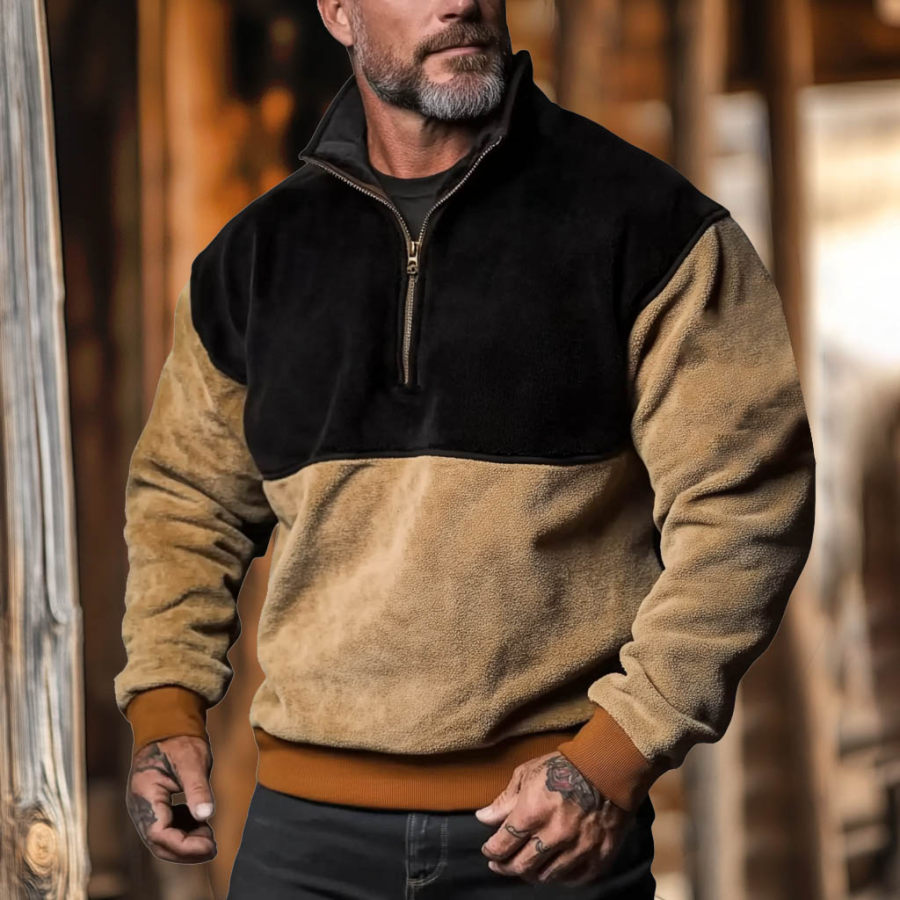 

Men's Vintage Fleece Color Block Quarter Zip Stand Collar Sweatshirt