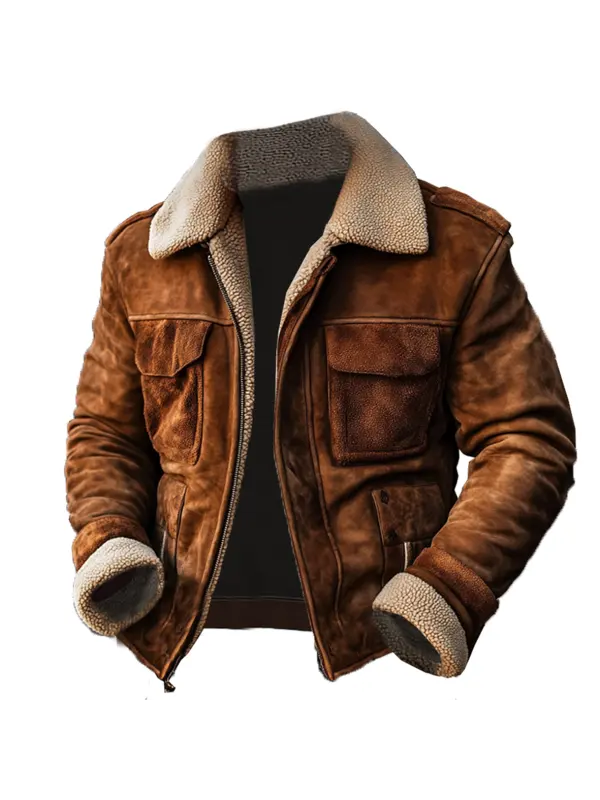Men's Vintage Suede Patchwork Lamb Fleece Multi-Pocket Reverse Collar Outdoor Jacket - Ootdmw.com 