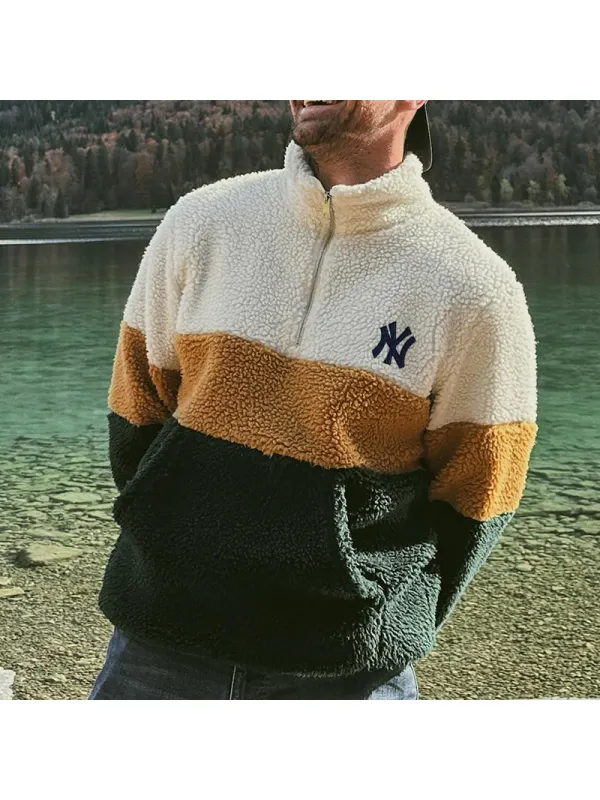 Men's Colorblock Fleece Warm Casual Zip Collar Sweatshirt - Aptkoi.com 