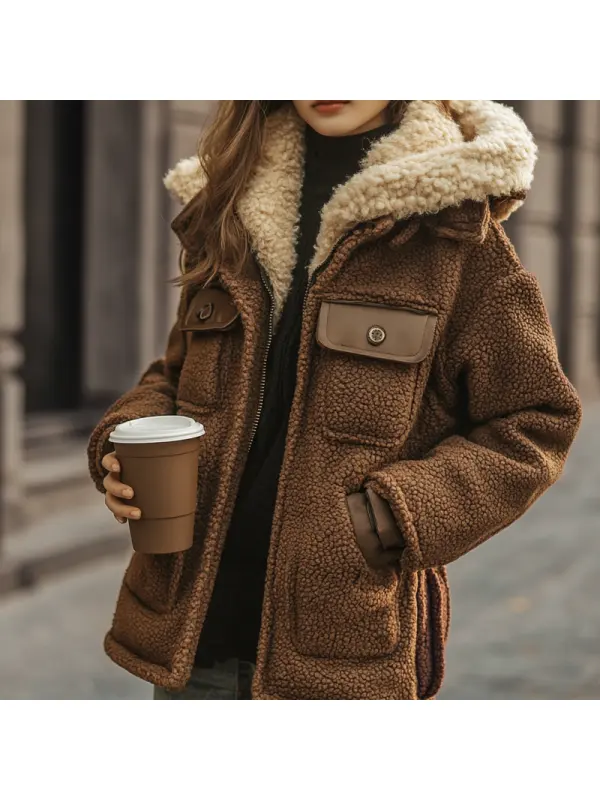 Women's Vintage Lambskin Pocket Leather Patchwork Hooded Jacket Coat - Cominbuy.com 
