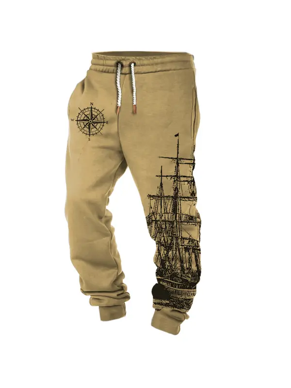Men's Vintage Compass Nautical Sailing Print Casual Pants - Aptkoi.com 