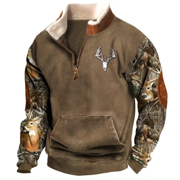 Men's Colorblock Fleece Half-Open Collar Sweatshirt Retro Jungle Elk Print - Trisunshine.com 