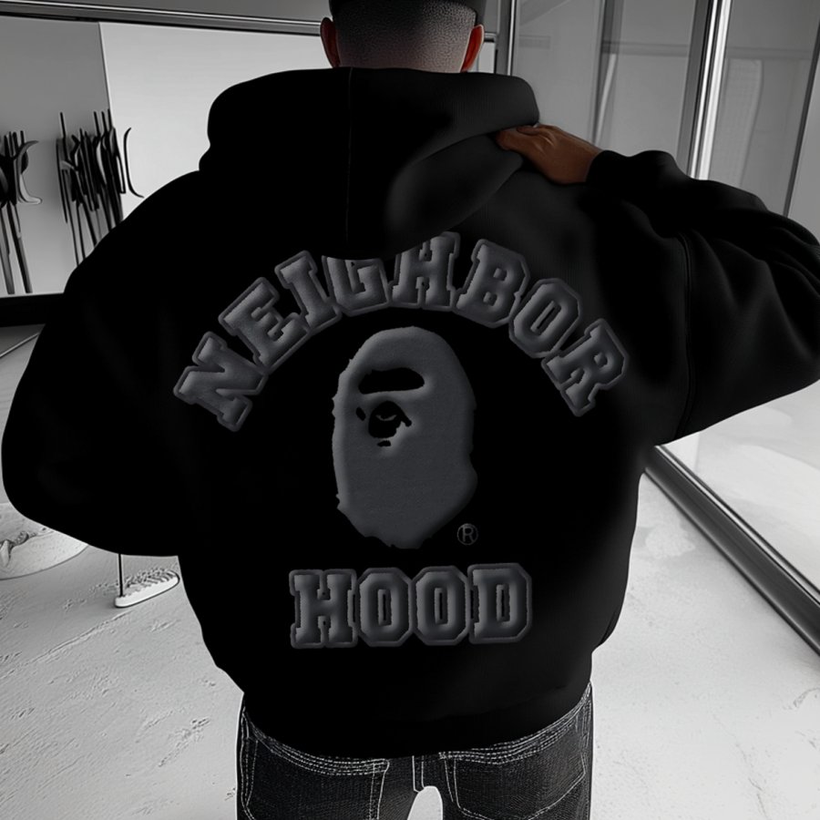 

Men's Vintage Foam Printing Ape Black Oversized Hoodie