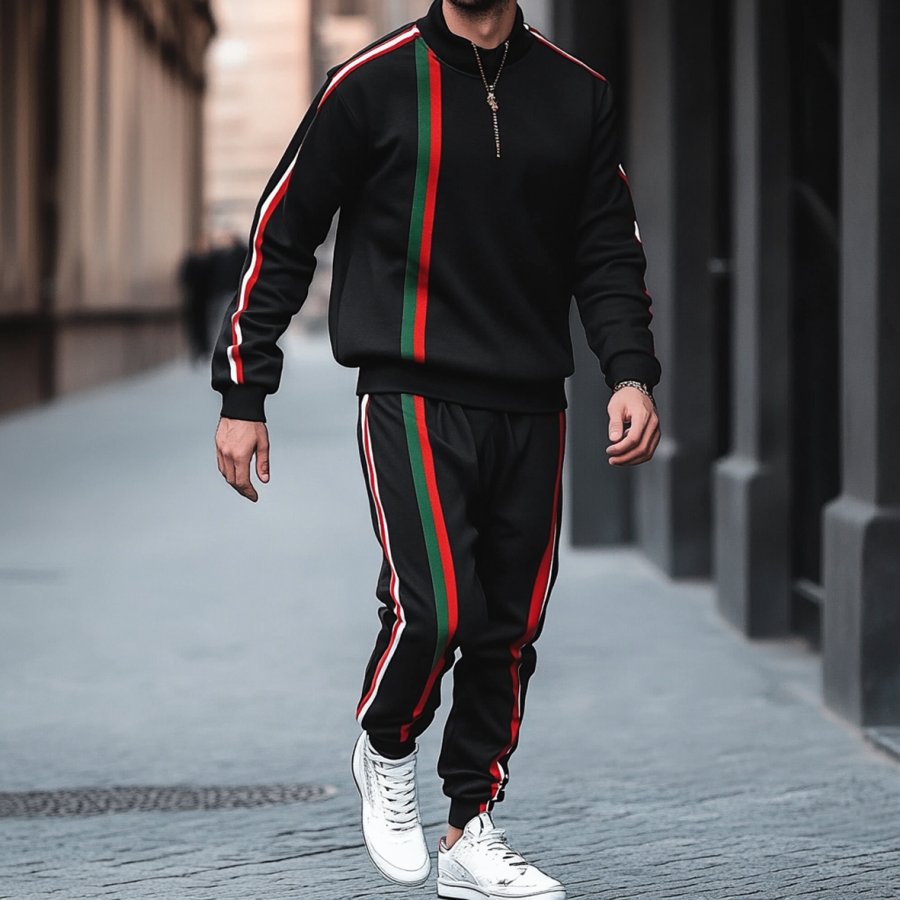 

Men's Casual 2pcs/Set - Round Neck Long Sleeve T-Shirt And Pants With Color Block Print