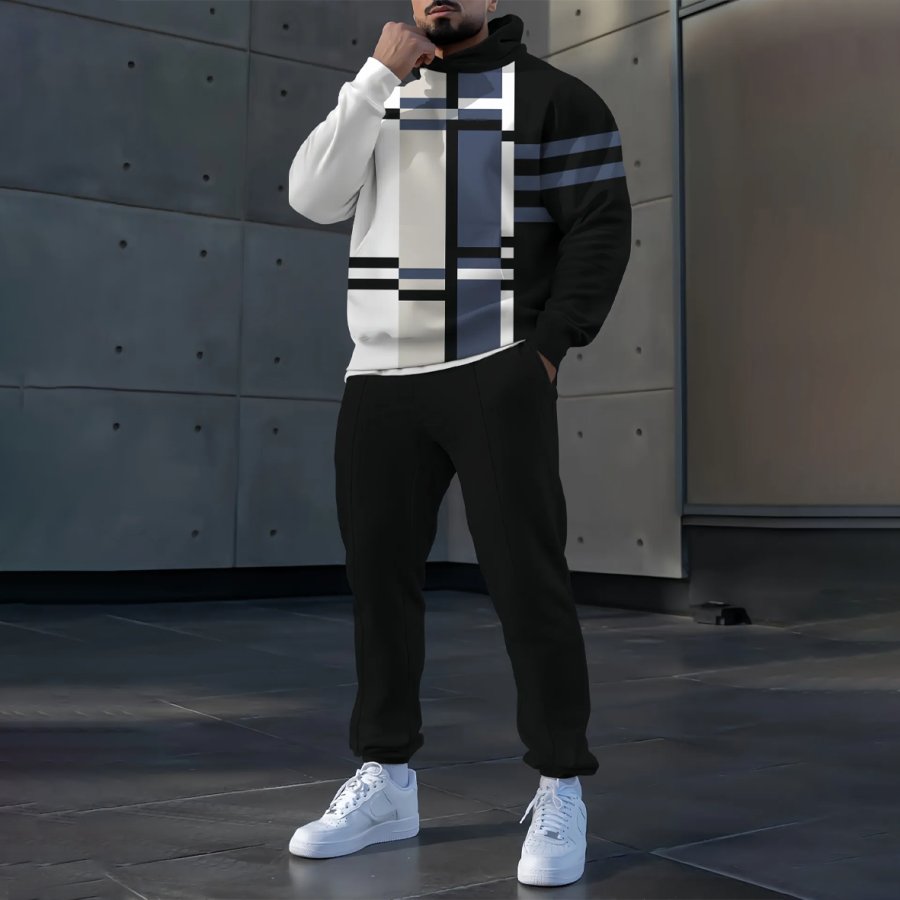 

Men's Casual 2pcs/Set - Round Neck Long Sleeve Hoodie And Pants With Color Block Print