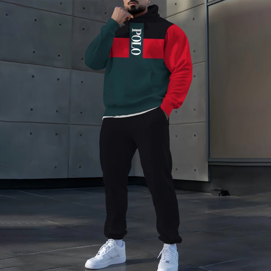 

Men's Casual 2pcs/Set - Round Neck Long Sleeve Hoodie And Pants With Color Block Print