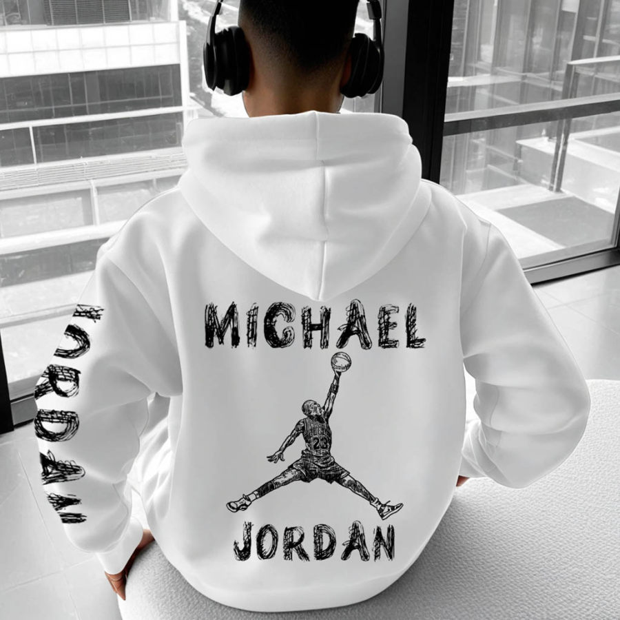 

Men's Vintage Basketball Print Pocket Long Sleeve Oversized Hoodie