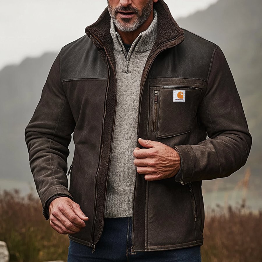 

Men's Carhartt Vintage Suede Patchwork Lamb Fleece Multi-Pocket Reverse Collar Outdoor Jacket