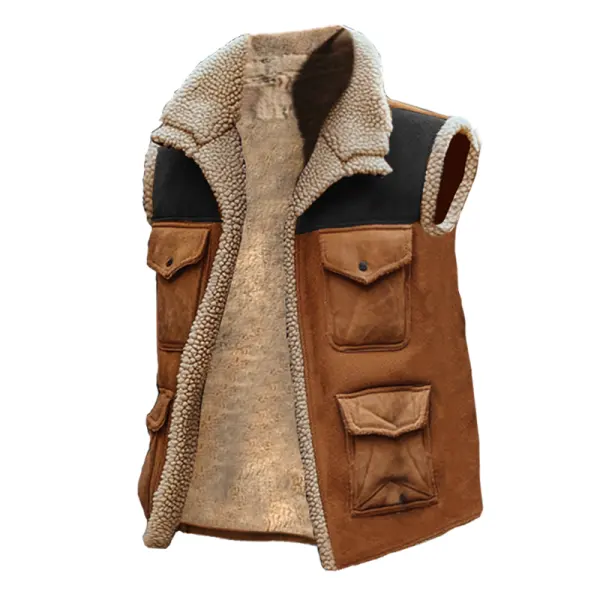 Men's Outdoor Vintage Lamb Wool Multi Pocket Splicing Suede Vest Jacket - Cotosen.com