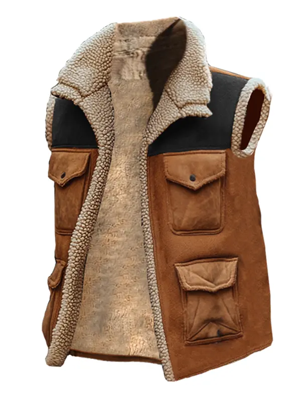 Men's Outdoor Vintage Lamb Wool Multi Pocket Splicing Suede Vest Jacket - Pragmaace.com 