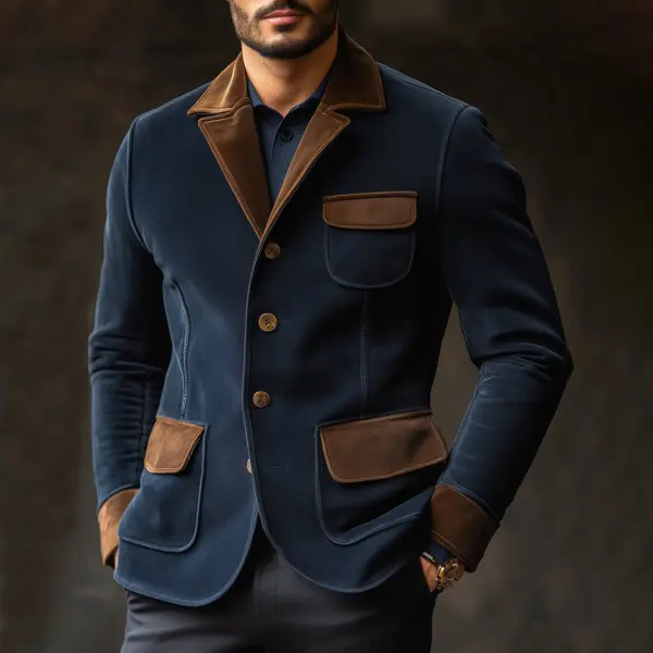 Men's Vintage Suede Contrast Reverse Collar Blazer Jacket - Wayrates.chimpone.com 