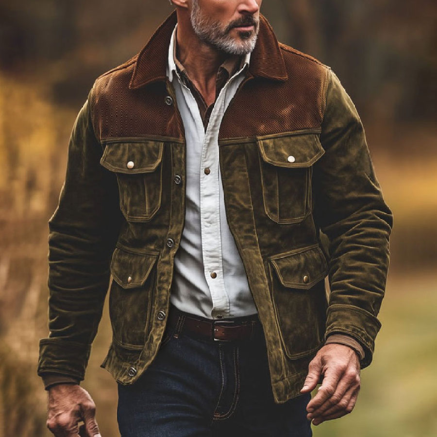 

Men's Vintage Suede Patchwork Corduroy Lapel Jacket