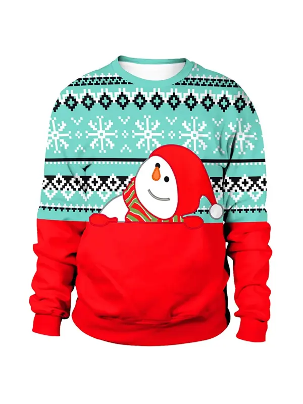 Unisex Christmas Snow Man Print Crew Neck Ugly Christmas Gift Sweatshirt - Aptkoi.com 