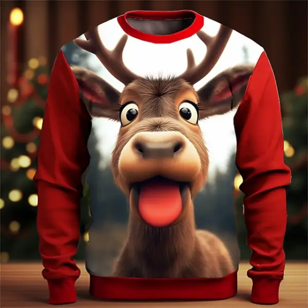 Men's Elk Deer 3D Print Christmas Cartoon Crew Neck Long Sleeve Sweatshirts - Ootdyouth.com 