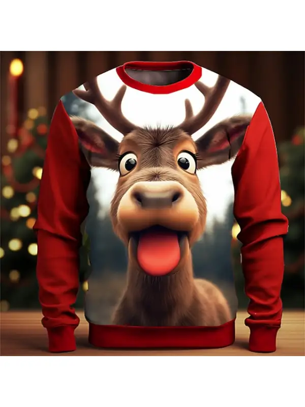 Men's Elk Deer 3D Print Christmas Cartoon Crew Neck Long Sleeve Sweatshirts - Anrider.com 