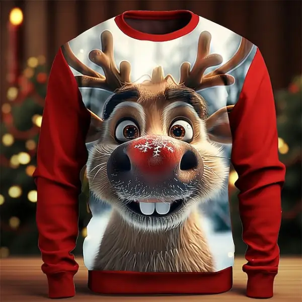 Men's Cute Elk 3D Print Christmas Cartoon Crew Neck Long Sleeve Sweatshirts - Ootdyouth.com 