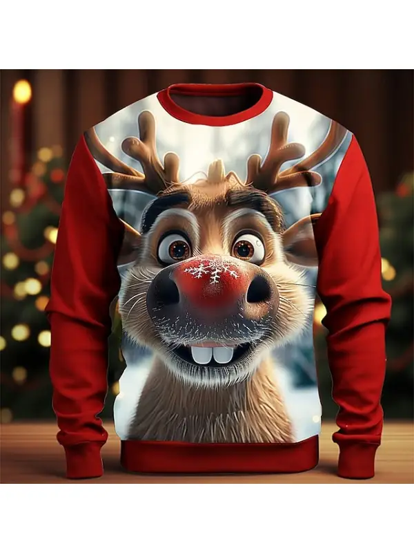 Men's Cute Elk 3D Print Christmas Cartoon Crew Neck Long Sleeve Sweatshirts - Anrider.com 