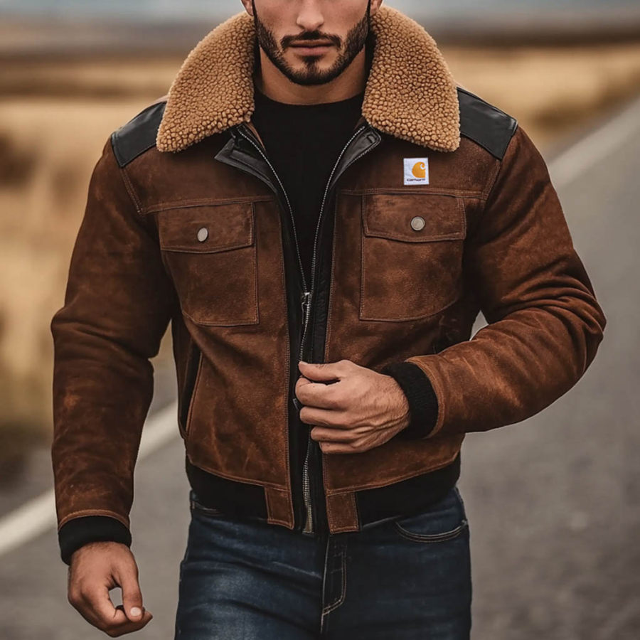

Men's Vintage Suede Leather Plush Lapel Collar Jacket