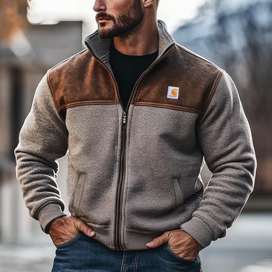 

Men's Vintage Panelled Suede Stand Collar Sweatshirt Jacket