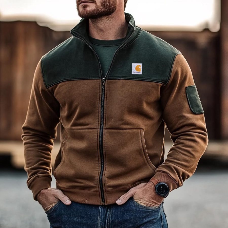 

Men's Vintage Color Block Pocket Stand Collar Sweatshirt Jacket