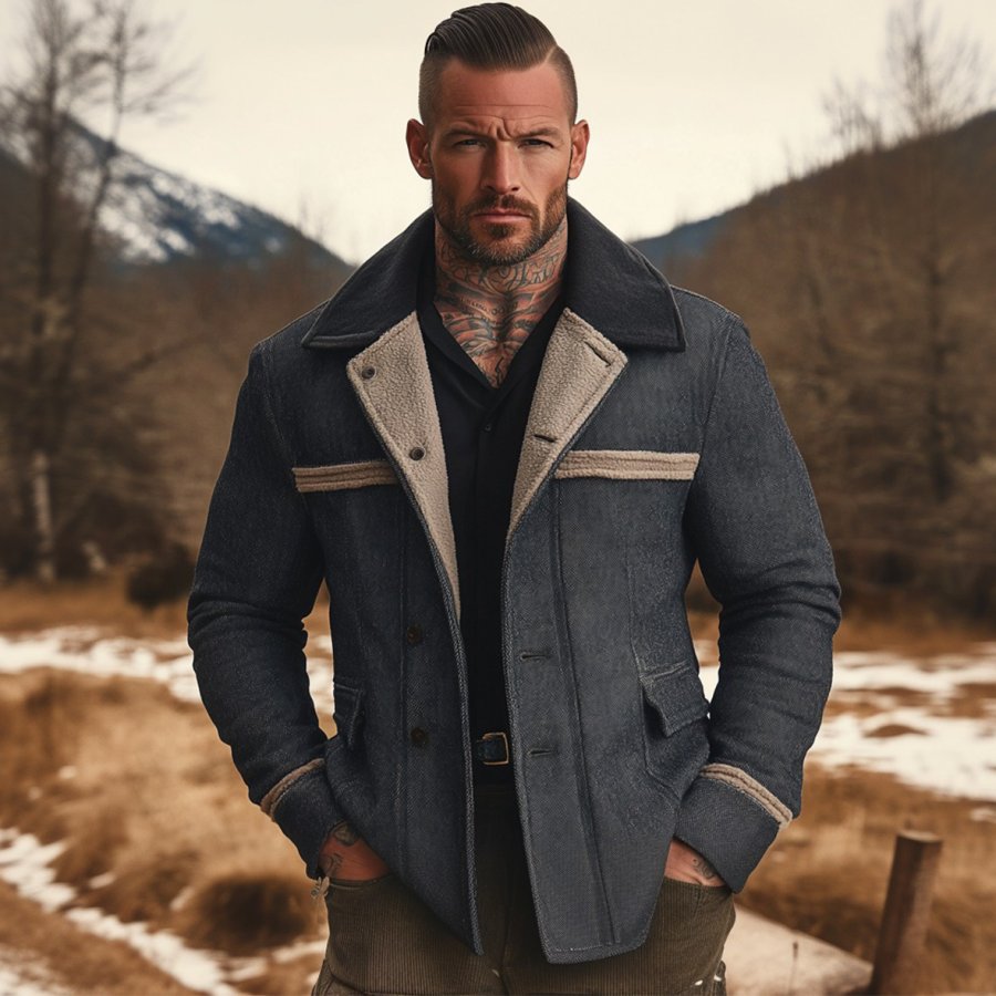 

Men's Vintage Herringbone Fabric Patchwork Lamb Fleece Multi-Pocket Reverse Collar Outdoor Jacket