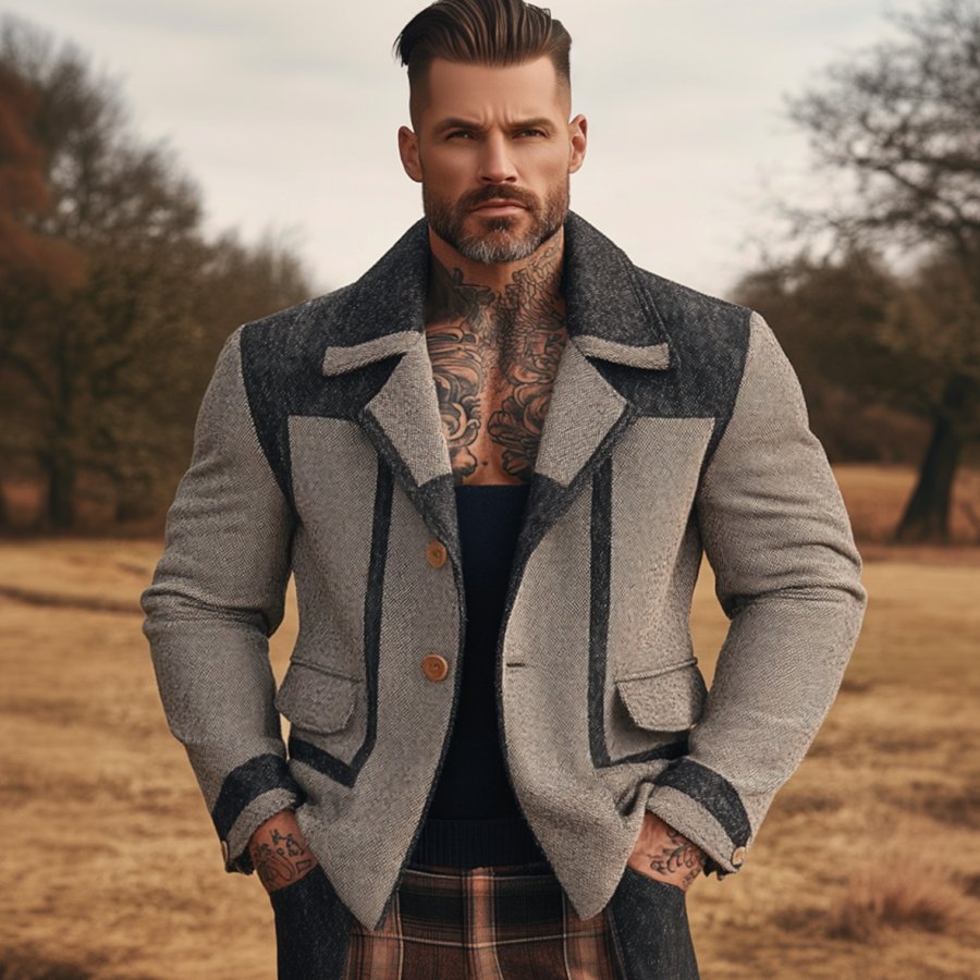 

Men's Vintage Herringbone Fabric Color Block Multi-Pocket Reverse Collar Outdoor Jacket