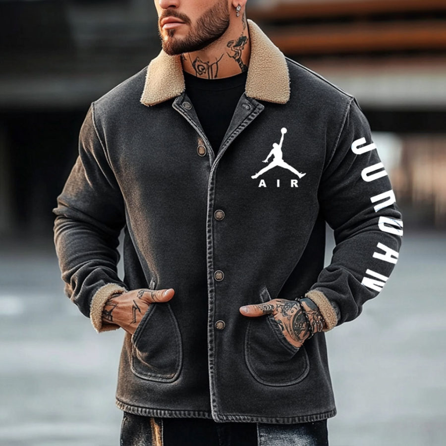 

Men's Vintage Basketball Print Plush Lapel Collar Denim Jacket