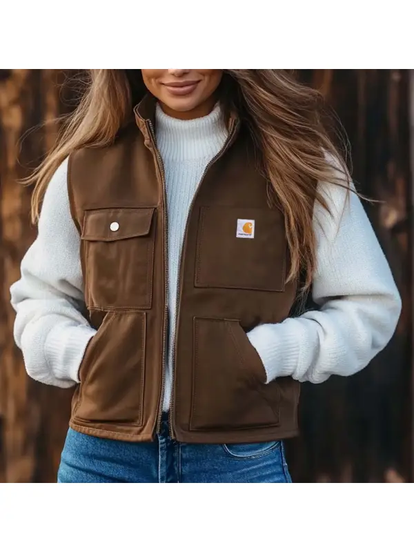 Women's Vintage Multi-Pocket Stand Collar Vest - Aptkoi.com 