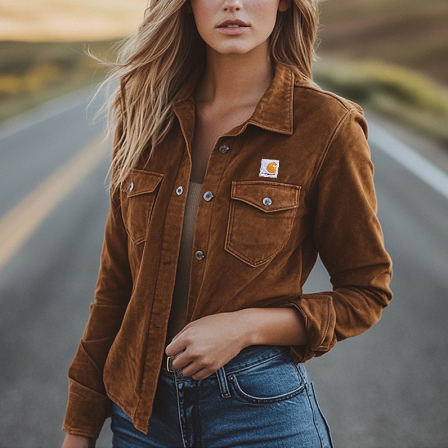 

Women's Vintage Outdoor Pocket Button Suede Shirt