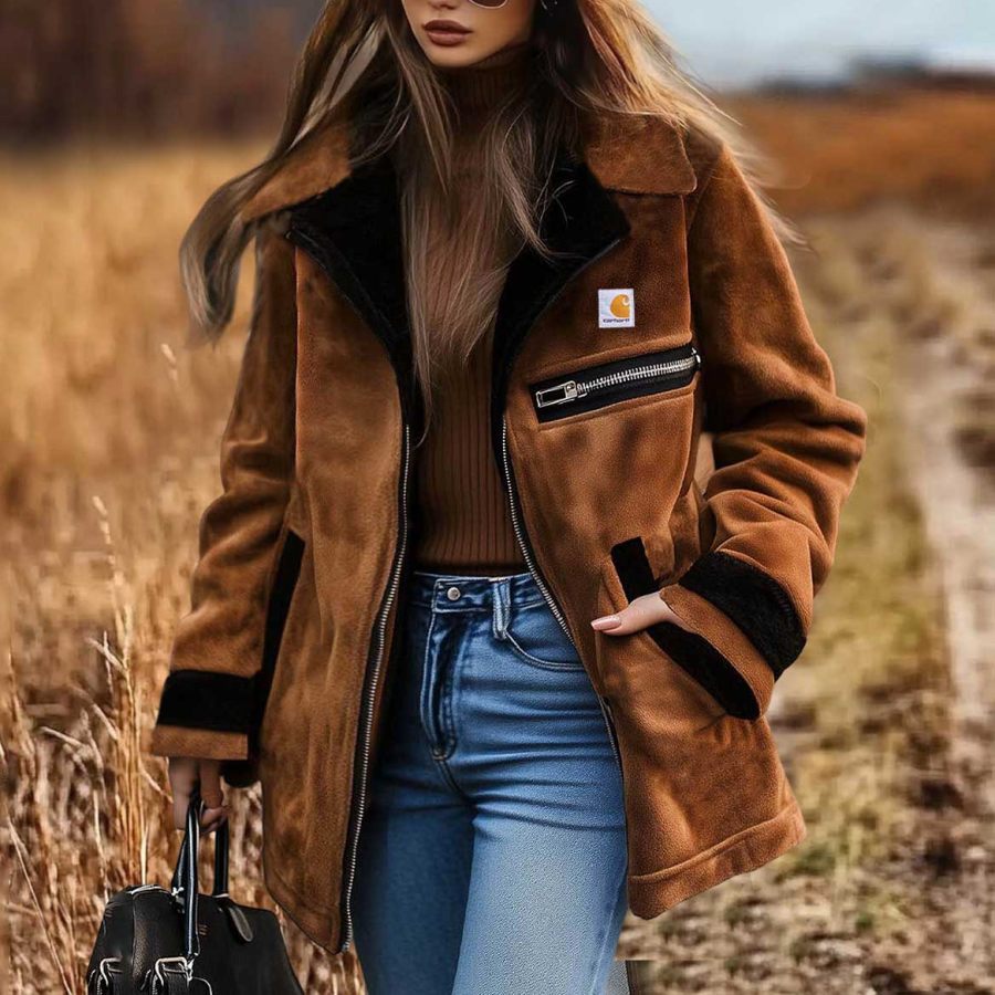 

Women's Vintage Suede Contrast Lapel Collar Mid-Length Coat Jacket