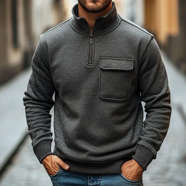 Men's Vintage Pocket Quarter Zip Stand Collar Sweatshirt - Wayrates.com 