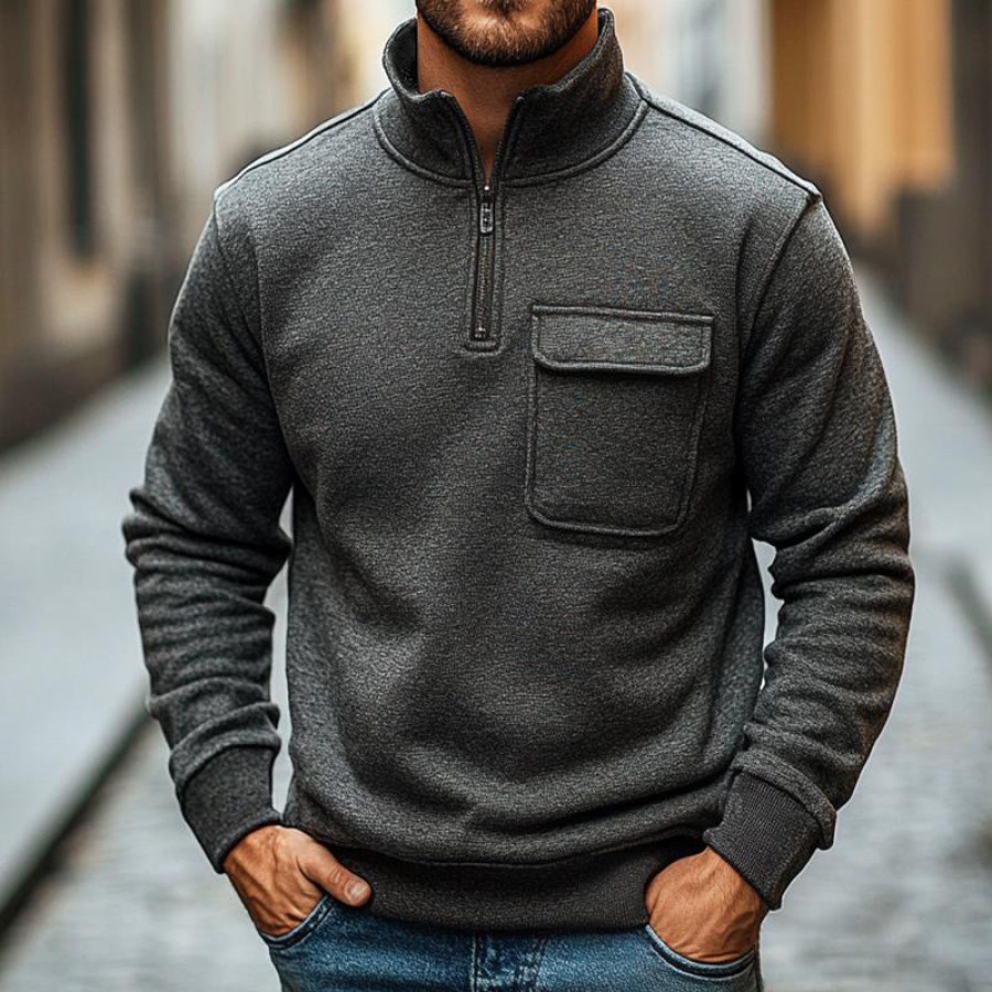 

Men's Vintage Pocket Quarter Zip Stand Collar Sweatshirt