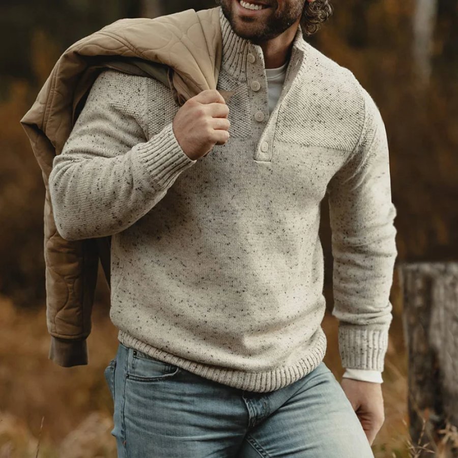 

Men's Scottish Wool Knitted Retro Button High Neck Sweater