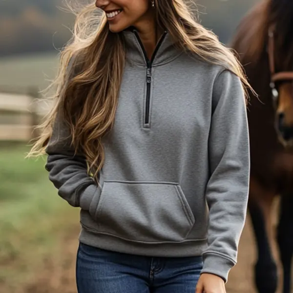 Women's Vintage Pocket Quarter Zip Stand Collar Sweatshirt - Ootdyouth.com 