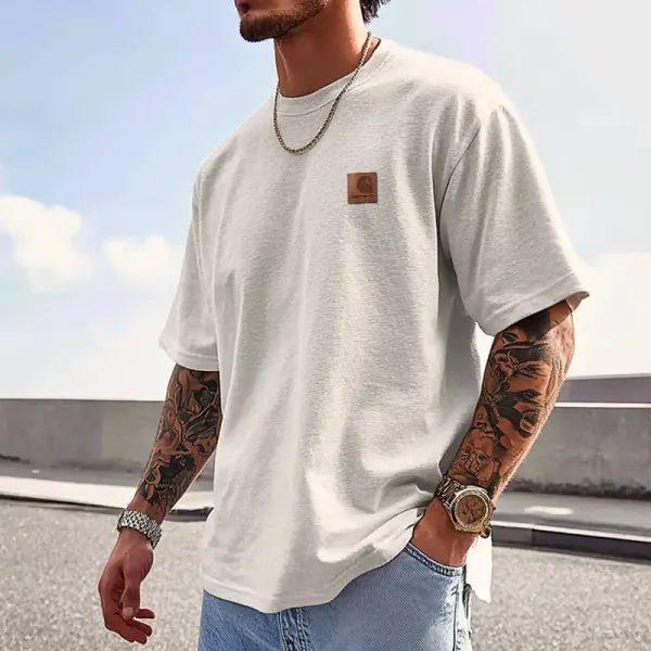 Unisex Oversized Leather Label Short Sleeve Daily Casual Surf T-shirt - Ootdyouth.com 