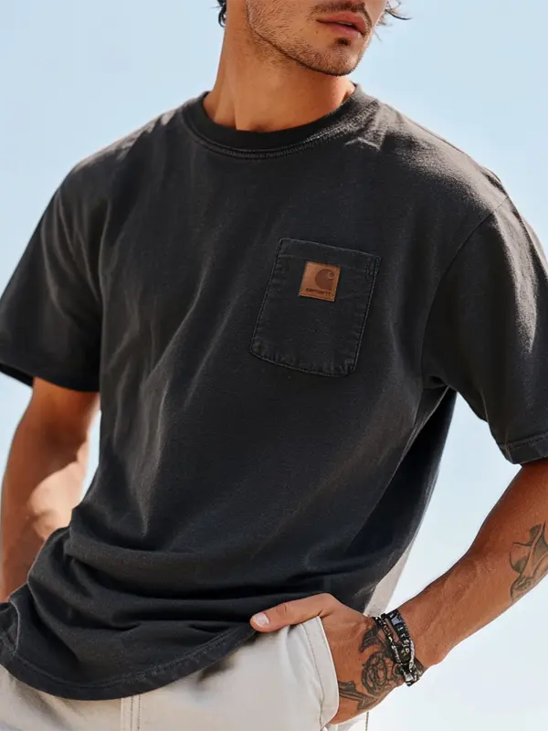 Unisex Oversized Leather Label Pocket Short Sleeve Daily Casual Surf T-shirt - Pragmaace.com 