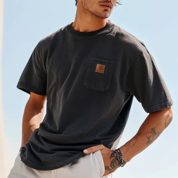 Unisex Oversized Leather Label Pocket Short Sleeve Daily Casual Surf T-shirt - Zivinfo.com 