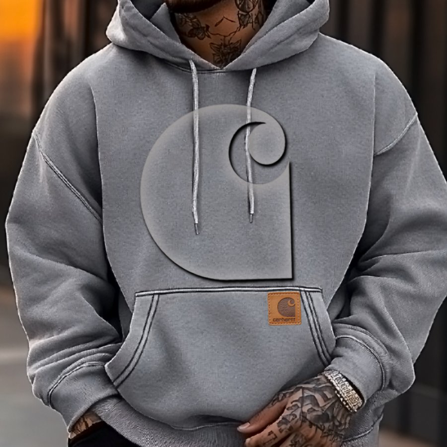 

Men's Retro Distressed 3D Embossed Leather Label Hoodie