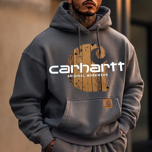 Men's Retro Oversized Graphic Print Outdoor Hoodie Gray - Cotosen.com