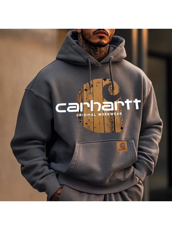 Men's Retro Oversized Graphic Print Outdoor Hoodie Gray - Localziv.com 