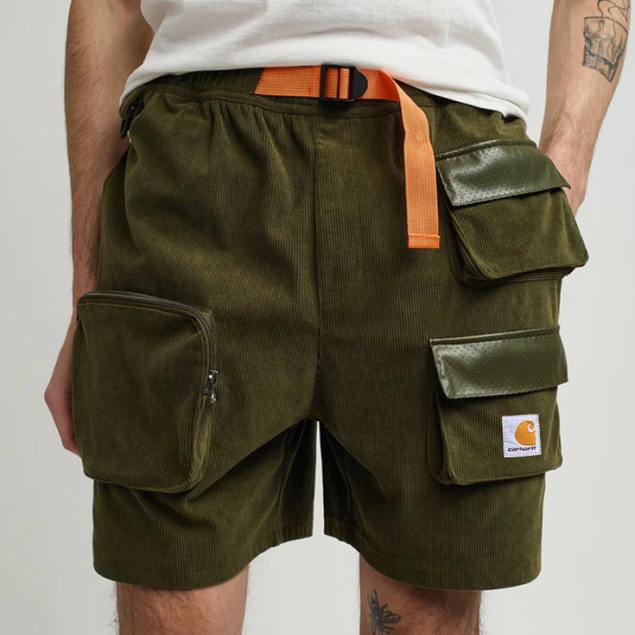 

Men's Retro Leather Patchwork Multi Pocket Waist Belt Shorts