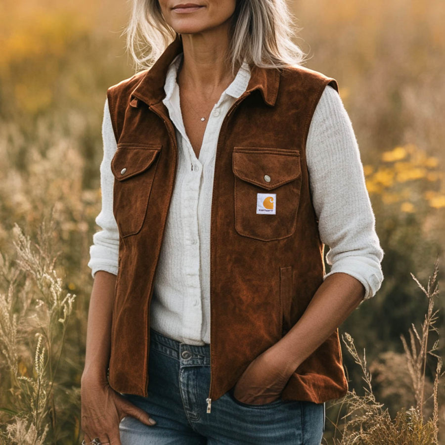 

Women's Vintage Suede Zipper Multi-Pocket Lapel Vest