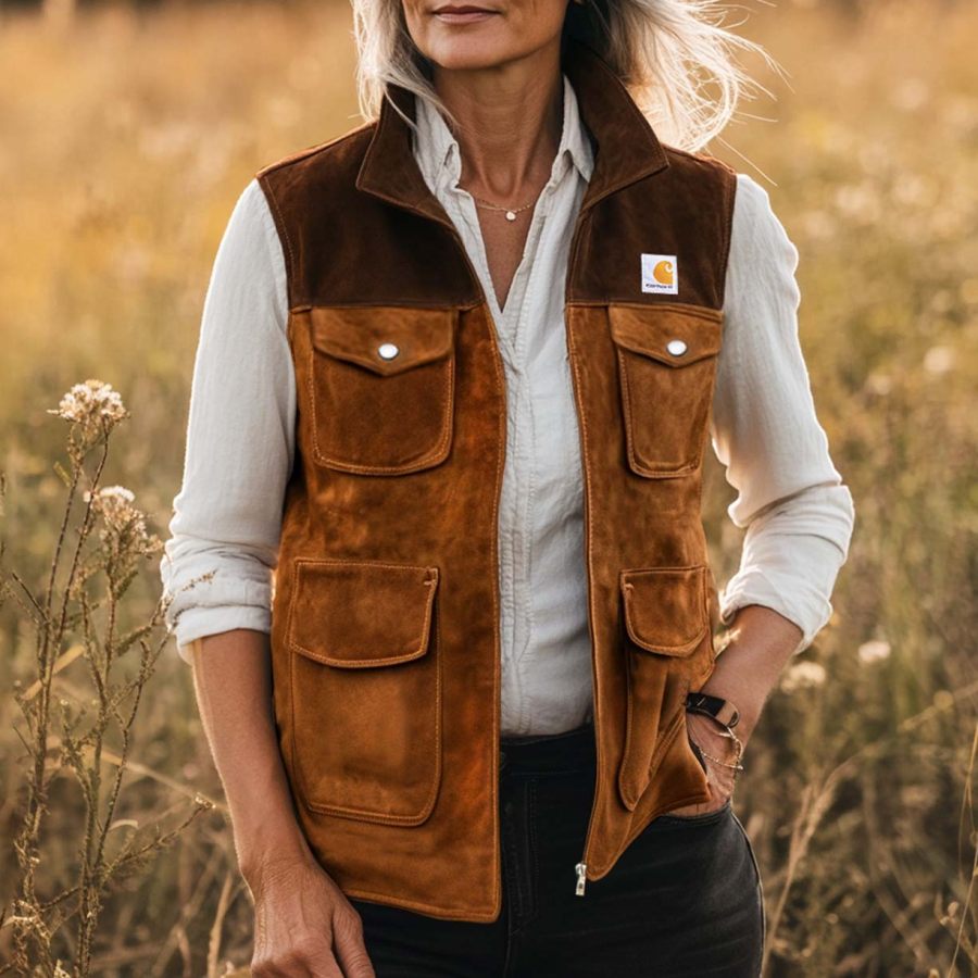 

Women's Vintage Suede Color Block Zipper Multi-Pocket Stand Collar Vest