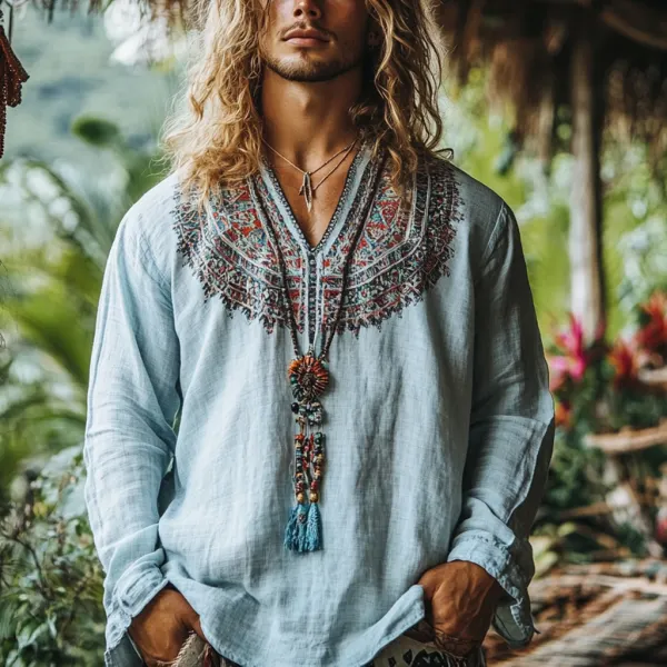 Men's Bohemian Holiday Style Vintage Linen Printed Casual Long Sleeve Top - Elementnice.com 