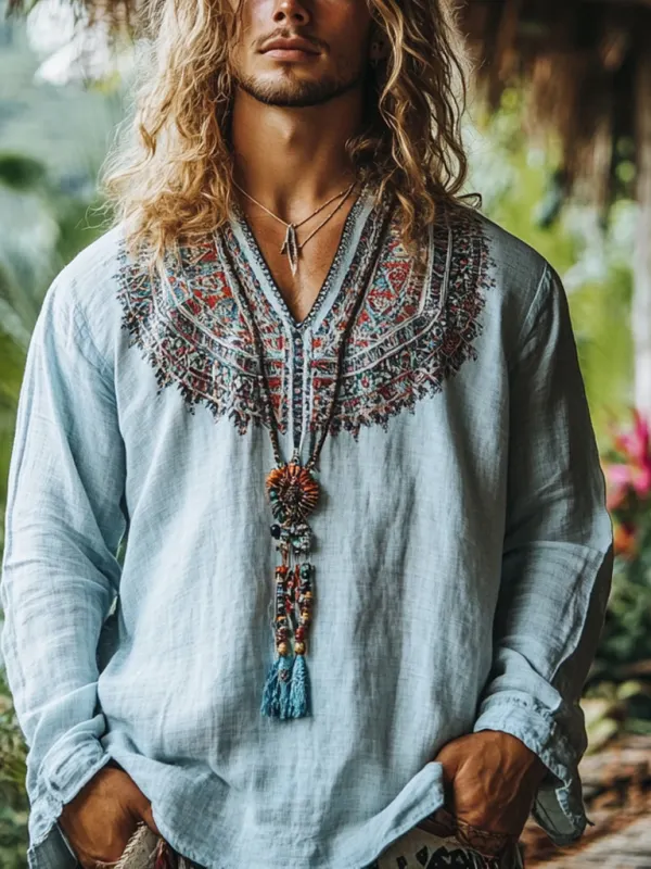Men's Bohemian Holiday Style Vintage Linen Printed Casual Long Sleeve Top - Pragmaace.com 