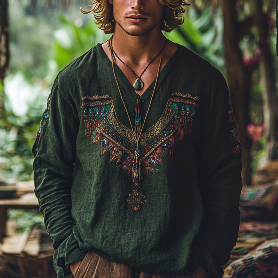 

Men's Bohemian Holiday Style Vintage Linen Printed Casual Long Sleeve Top